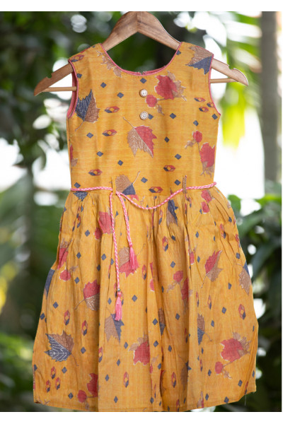 All Over Leaf Printed Yellow Rayon Cotton Kids Dress (KR1198)